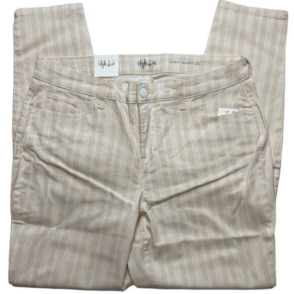 Style & Co Curvy Tummy Control Jeans Pale Pink  Beige Striped Skinny Sz‎ 12 NEW - Picture 1 of 14